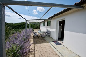 A covered patio with a table and chairs, a white building with green shutters, and a view of the surrounding greenery.