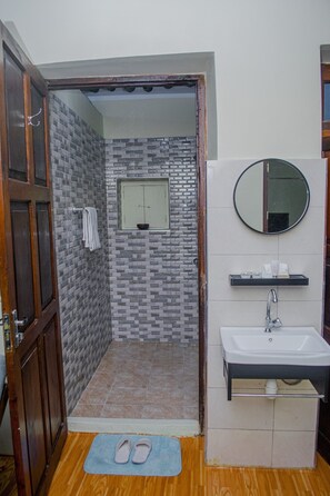 Regadera, regadera tipo lluvia, secadora de cabello, toallas 