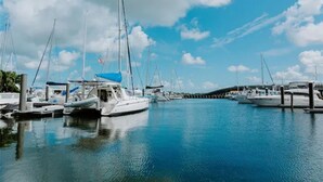 Een jachthaven met verschillende zeilboten afgemeerd aan de pier.
