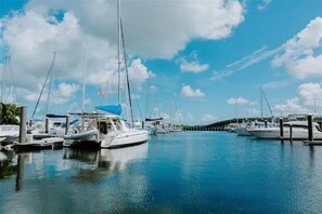 A marina with several sailboats docked at the pier.