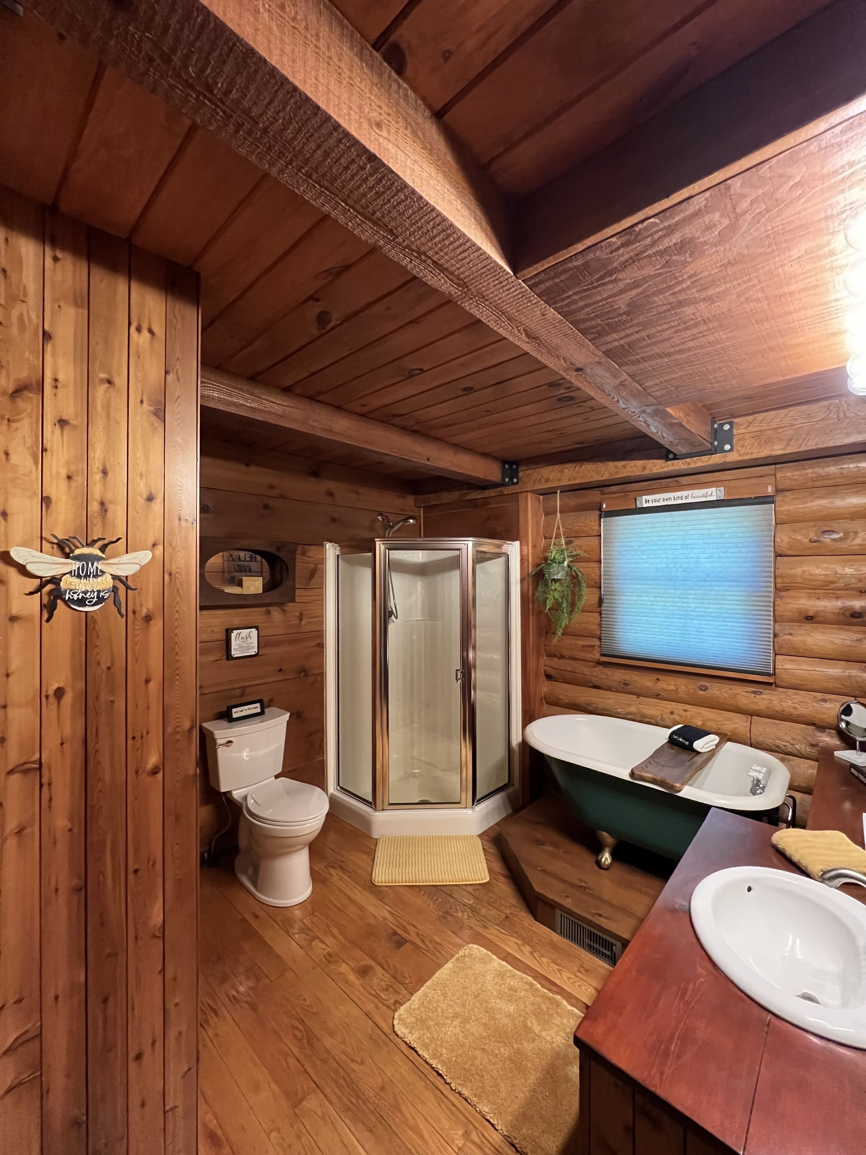 Casa de banho de cabana de madeira com chuveiro, sanita e lavatório.