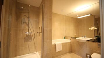 Hair dryer, towels, soap, shampoo
