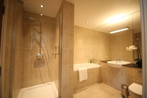 Hair dryer, towels, soap, shampoo