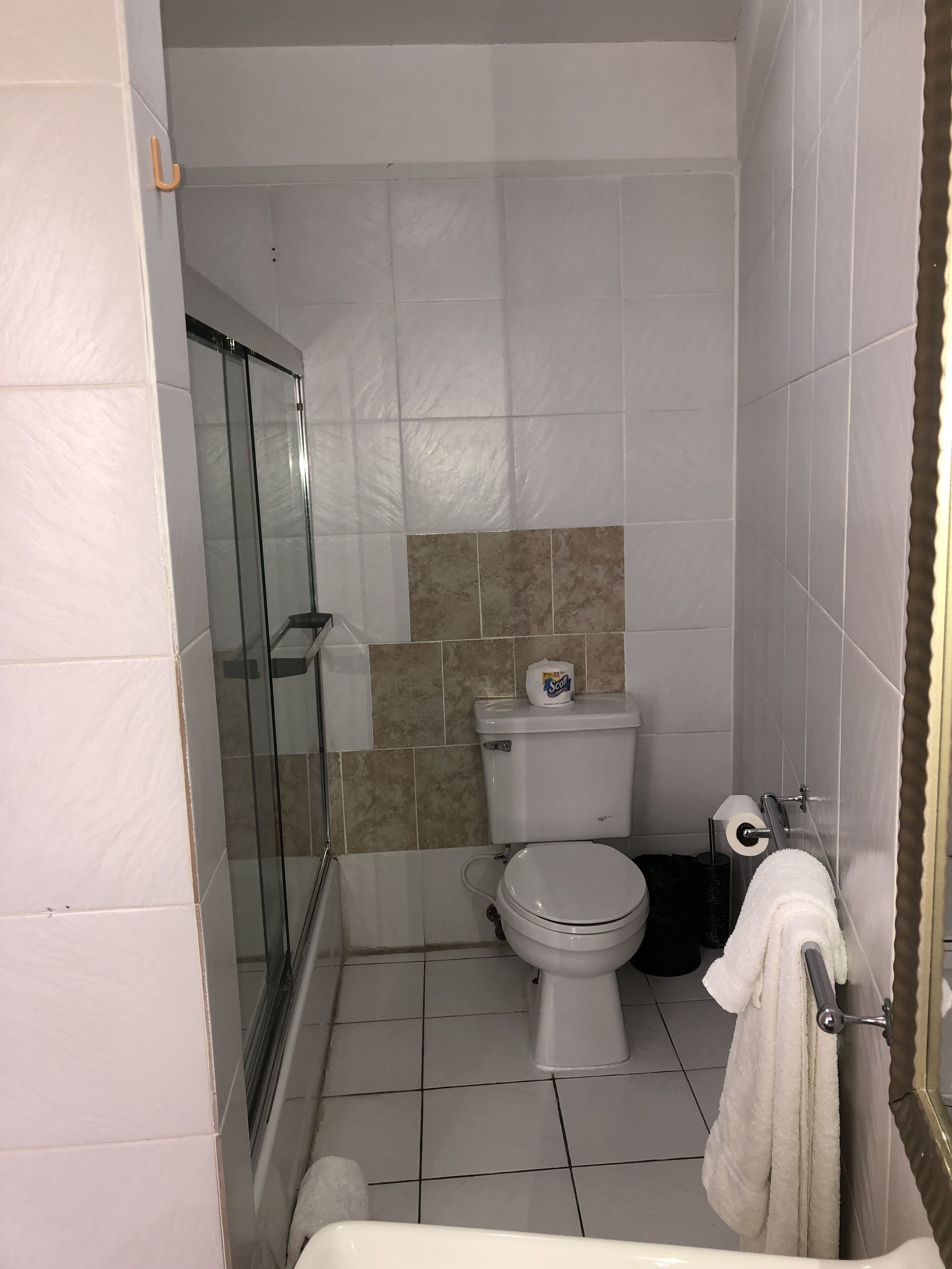 Ein Badezimmer mit Toilette, Dusche und Waschbecken.