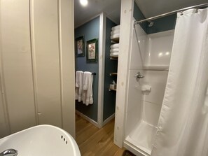 Shower, hair dryer, towels, toilet paper