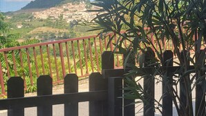 Un balcón con vistas a un paisaje montañoso, barandilla roja y una planta en maceta.