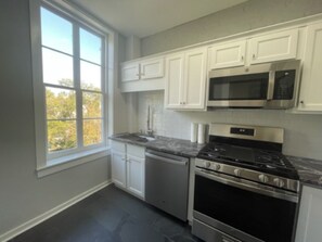 Microwave, oven, stovetop, dishwasher - Elegant & Sunny 1 Bedroom Chatham Sq Apt Historic District (Savannah)
