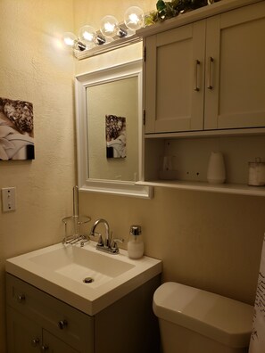 Combined shower/bathtub, hair dryer, towels, soap