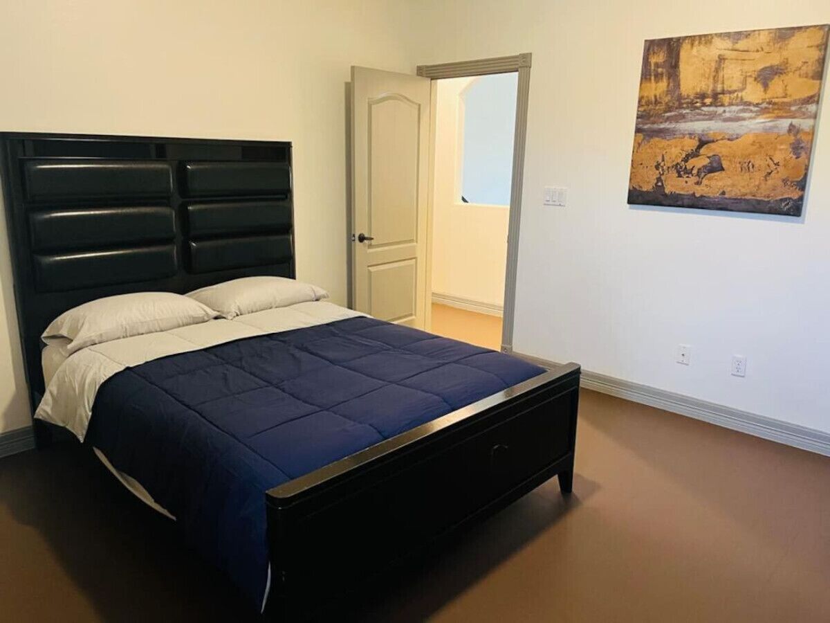 A bedroom with a bed, a door, and a painting on the wall.
