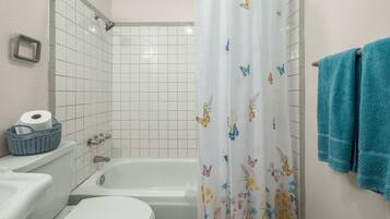Combined shower/tub, hair dryer, towels, soap