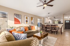 TV, fireplace, video library