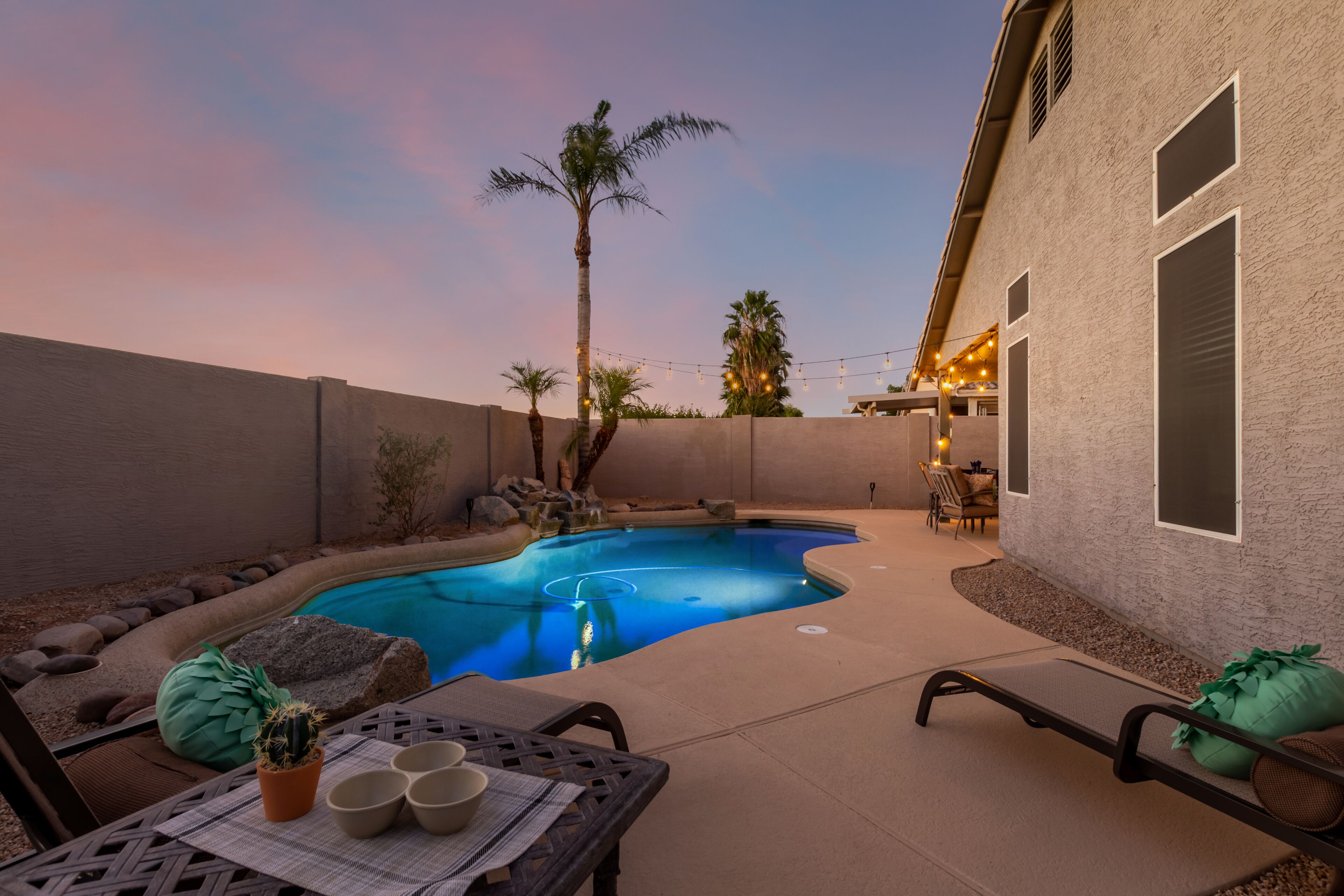 Un jardin avec une piscine, des chaises longues et une table avec des tasses et un cactus.