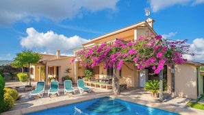 A poolside area with lounge chairs, a pool, and a building with pink flowering trees.