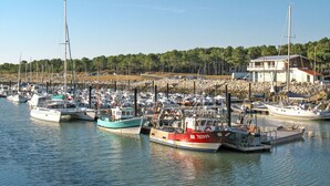 Un port de plaisance où sont amarrés de nombreux bateaux, une côte rocheuse et un bâtiment surmonté d’un toit rouge.