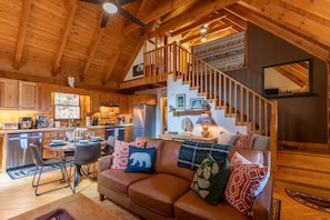 TV, fireplace, video library