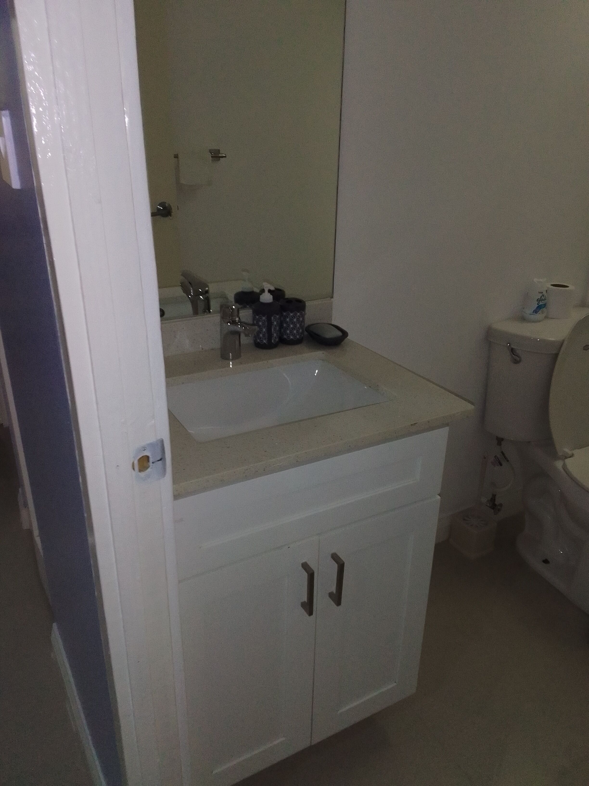 Un baño con lavamanos, espejo, inodoro y armario.