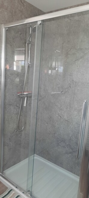Shower, hair dryer, towels