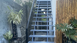 Un escalier avec des rampes en métal menant à une porte en bois, entouré de plantes en pot et surmonté d’un sol carrelé.