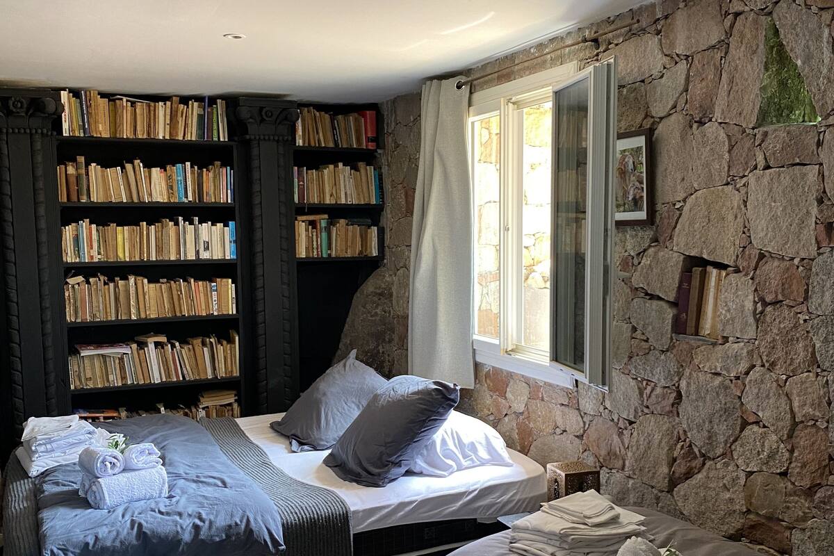 Quarto com duas camas, uma estante de livros, uma parede de pedra e uma janela.