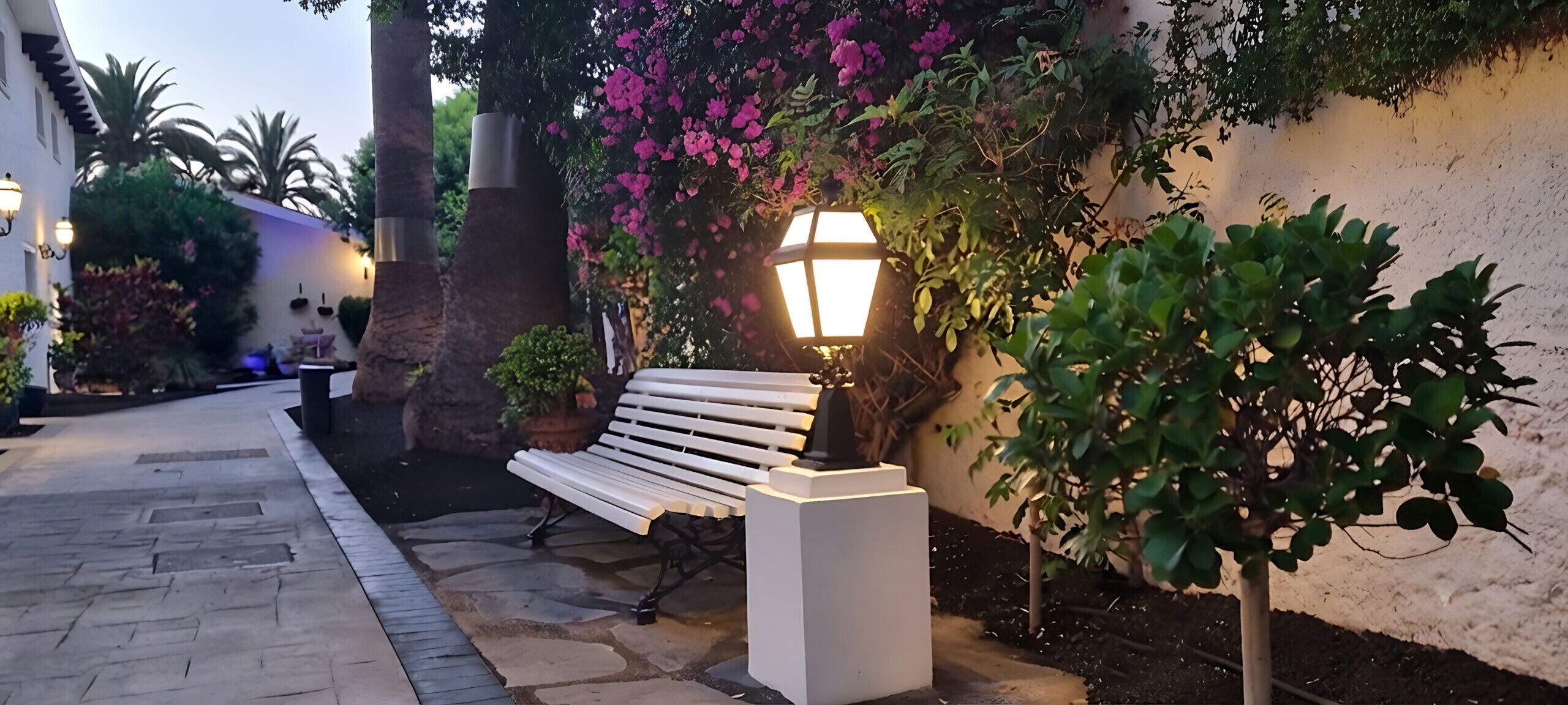 Eine Bank mit einer Lampe, umgeben von Kübelpflanzen und einer Mauer mit Kletterpflanzen.
