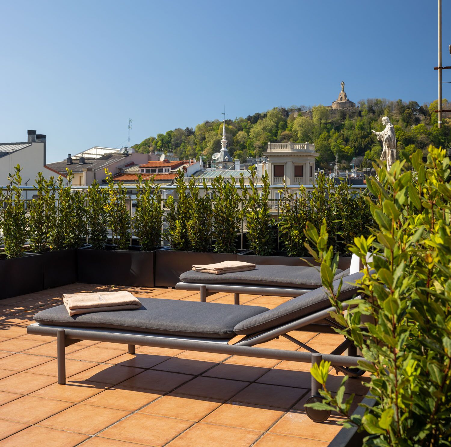 Terraza en la azotea con tumbonas y plantas en macetas.