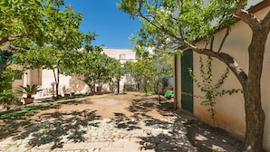 Une cour dallée de pierres, avec des arbres et un bâtiment doté d’une porte verte.