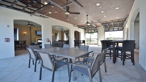 An outdoor patio area with a large table and chairs, ceiling fans, and a fire extinguisher.
