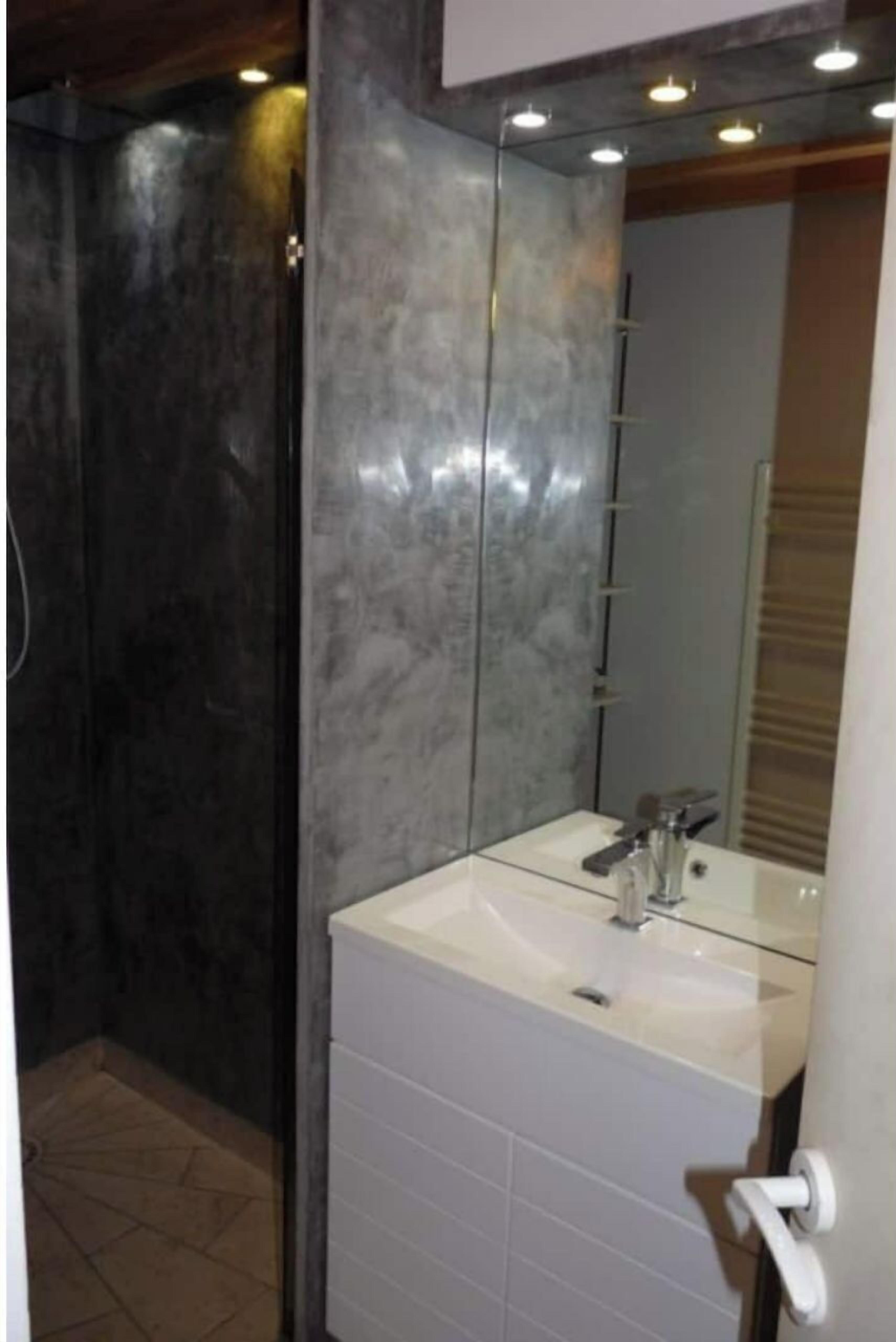 Une salle de bain avec un lavabo blanc, un miroir et un espace douche avec un mur recouvert de carreaux foncés.