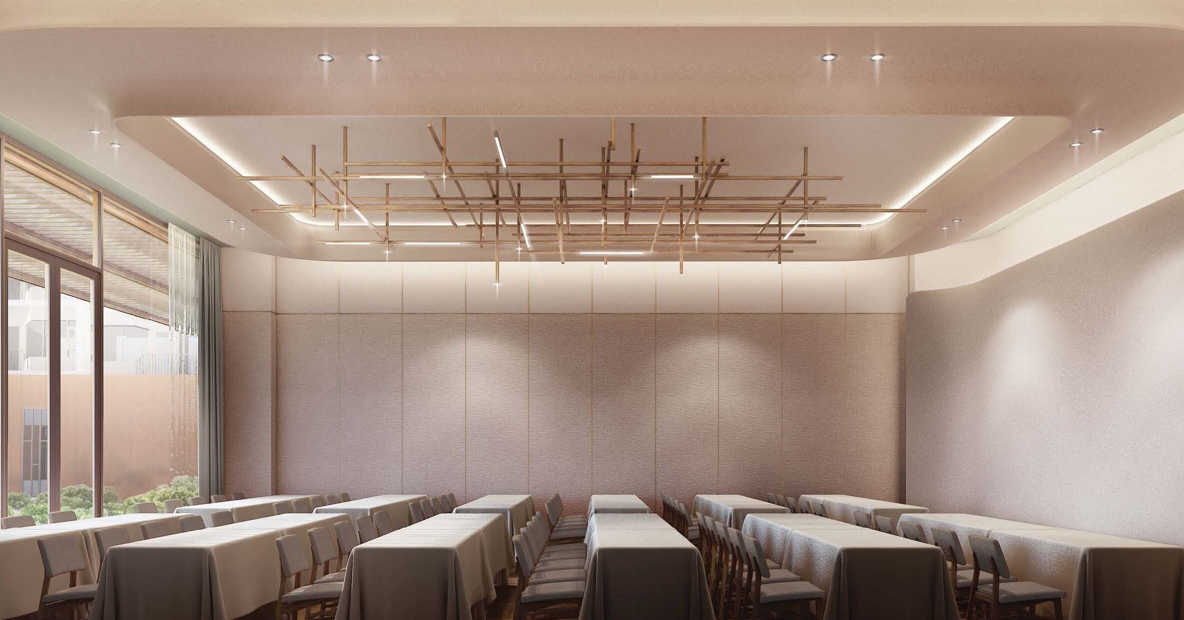 A conference room with long tables and chairs, a modern ceiling design, and large windows on one side.