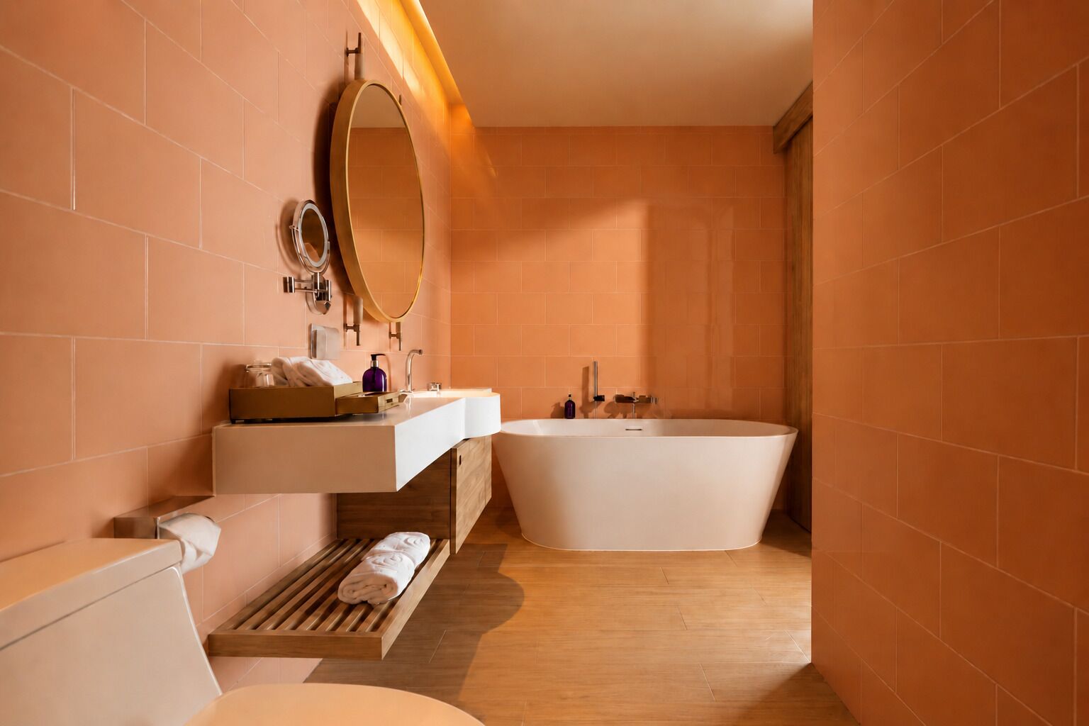 A modern bathroom with a freestanding bathtub, a vanity with a mirror, and a towel rack.