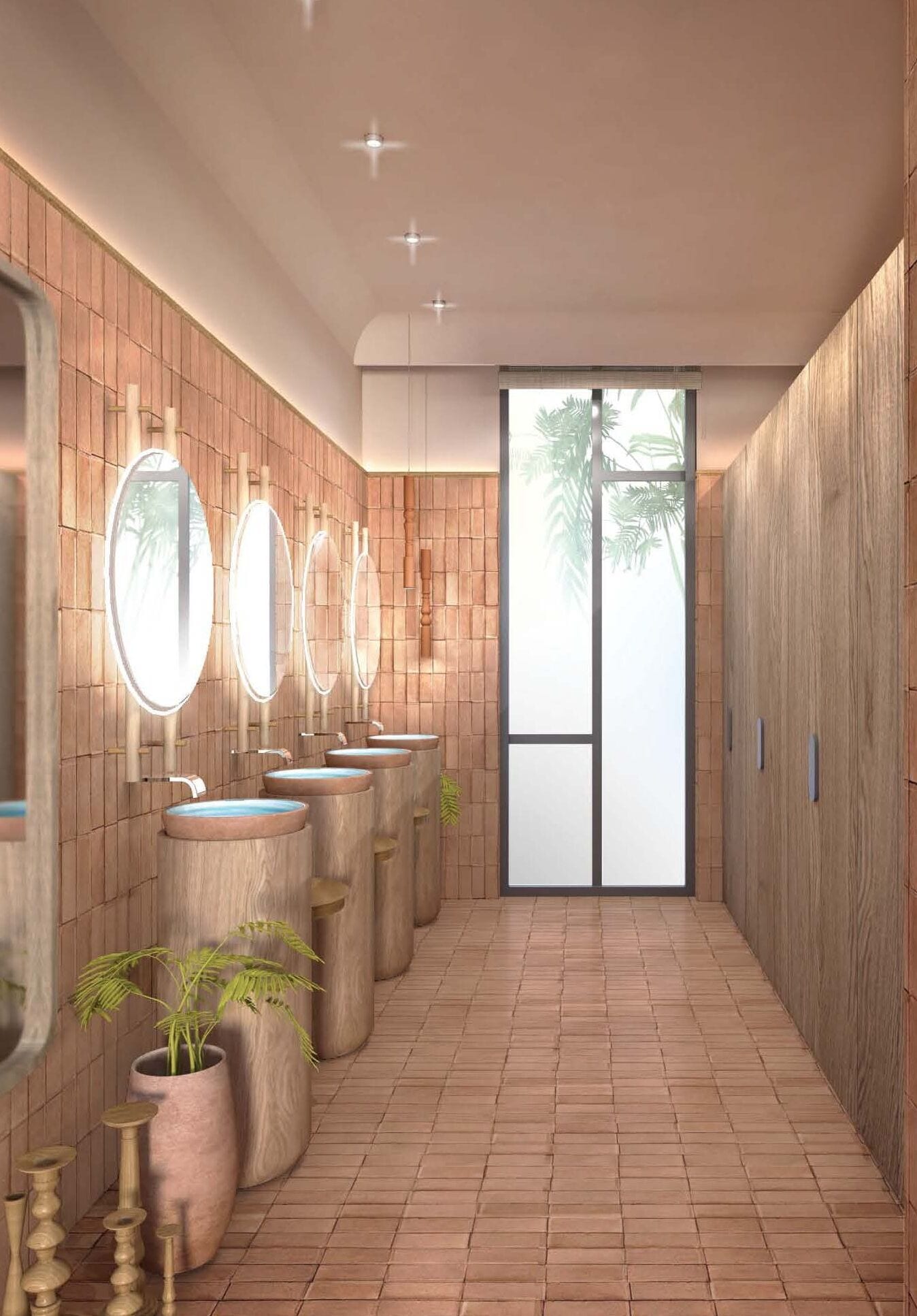 A modern bathroom with wooden paneling, multiple sinks, and mirrors.