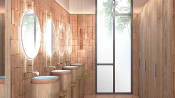A modern bathroom with wooden paneling, multiple sinks, and mirrors.