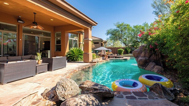 Uma área de piscina com um terraço coberto, mobiliário de descanso e boias infláveis.