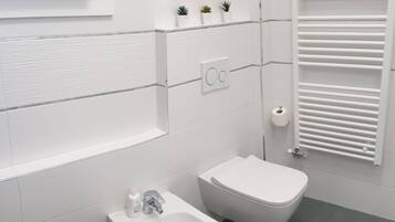 Shower, hair dryer, bidet, towels