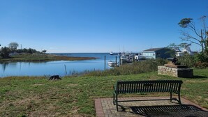 A bench by a calm lake with boats docked in the background.