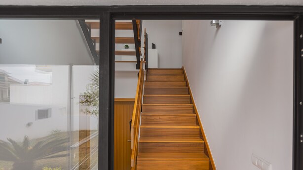 Un intérieur moderne avec un escalier en bois menant à un palier doté d’un mur blanc et d’une petite plante.