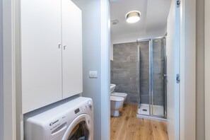 Shower, hair dryer, bidet, towels