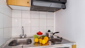 Een keuken met een spoelbak van roestvrij staal, een fornuis en een rode kom.