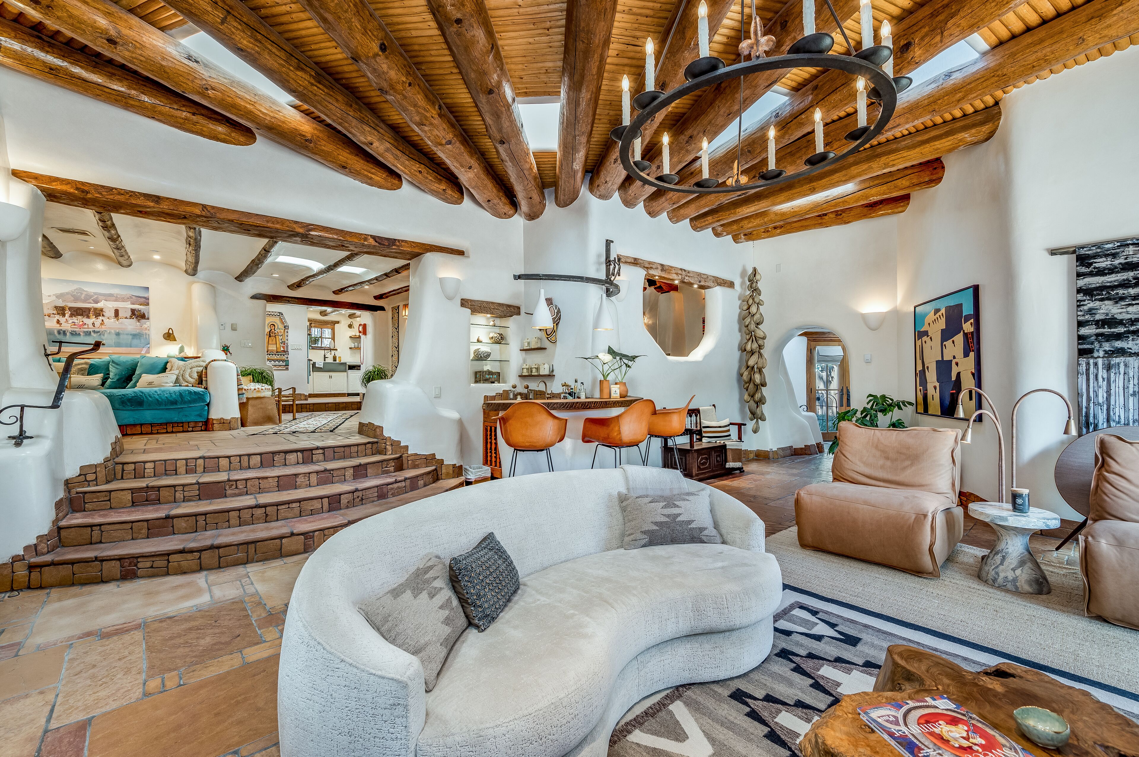 Smart TV, fireplace, books, music library