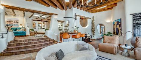 Smart TV, fireplace, books, music library