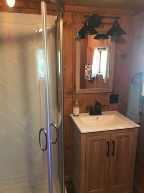 Shower, towels, toilet paper
