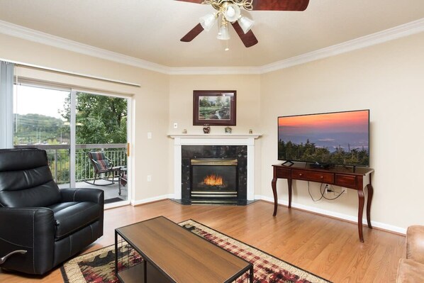 TV, fireplace, offices - Riverfront Condo Pigeon Forge/Mt. LeConte Views (Pigeon Forge)