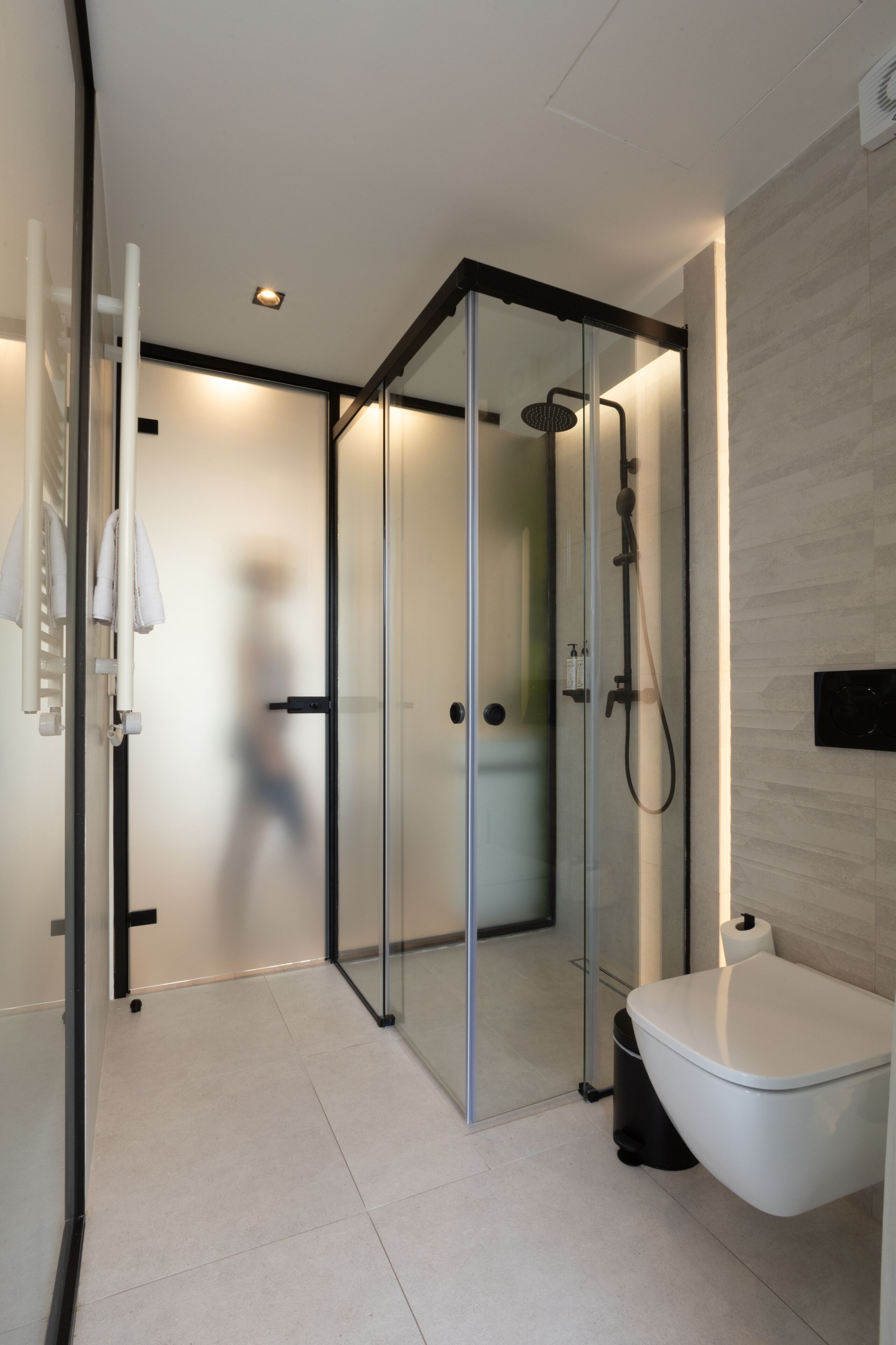 A modern bathroom with a glass-enclosed shower, a white toilet, and a towel rack.
