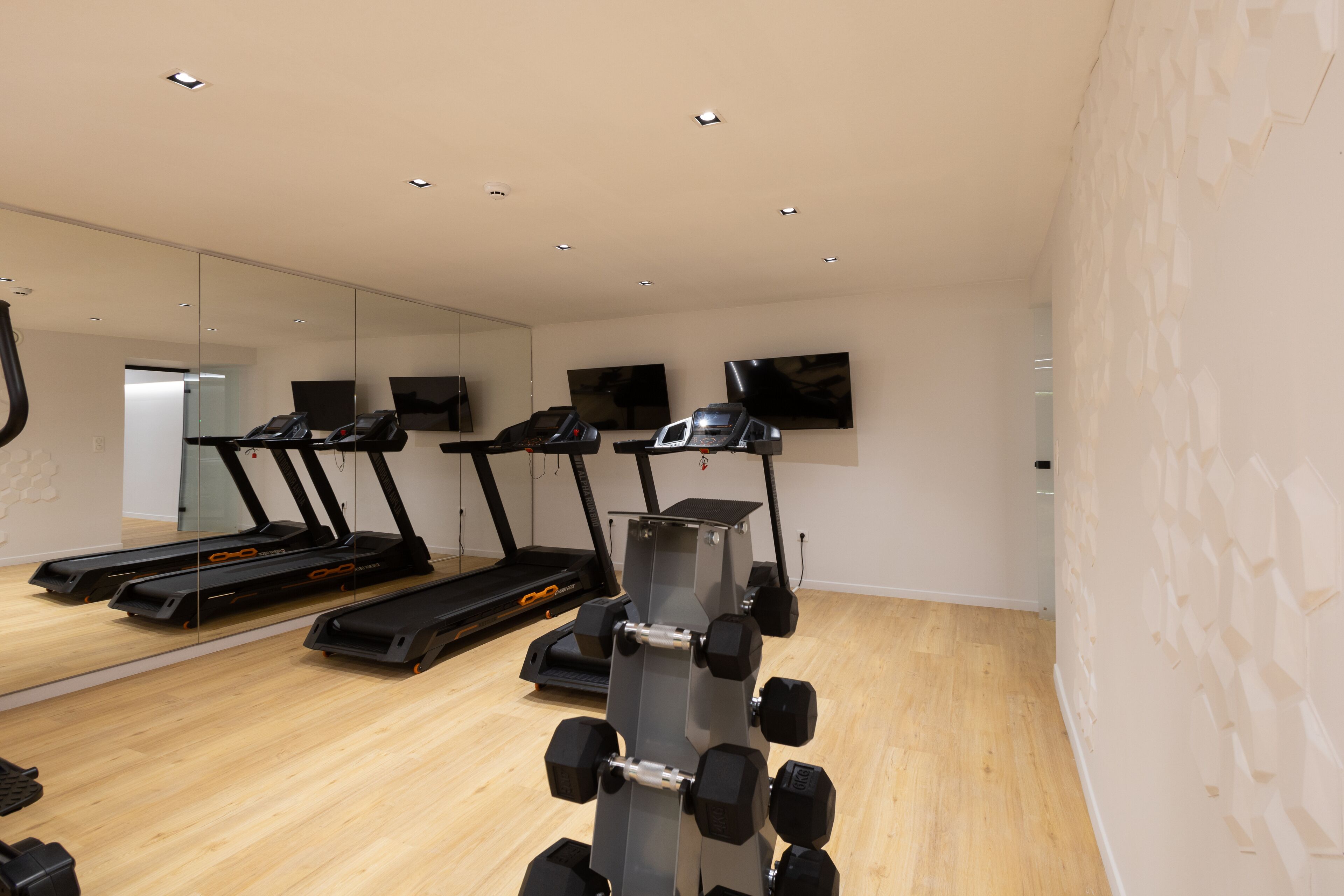 A modern gym with treadmills, a weight bench, and a mirror.