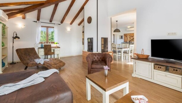 A spacious living area with a wooden ceiling, leather sofas, a TV, and a dining area in the background. - Villa Marina with pool, BBQ & parking near Poreč (Jasenovica)