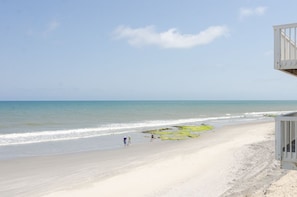 A beach with a lifeguard tower and a sandy shore. - Spacious ocean front condo in Ocean Dunes! (Kure Beach)