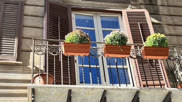 Une façade d’immeuble avec un balcon, des volets marron et des plantes en pot.