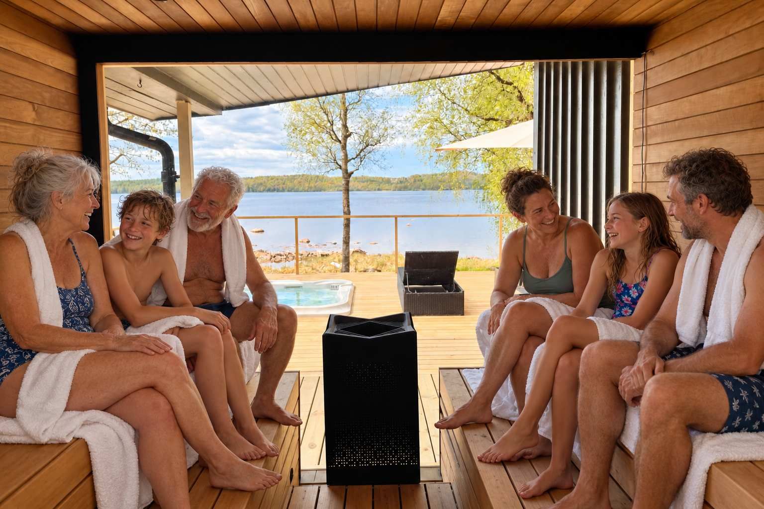 A group of people sitting on a wooden deck with a view of a lake and a boat in the background.