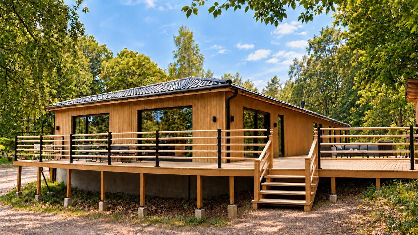 Ladhus One: a woodland retreat for up to 18 guests, with a spacious private terrace.