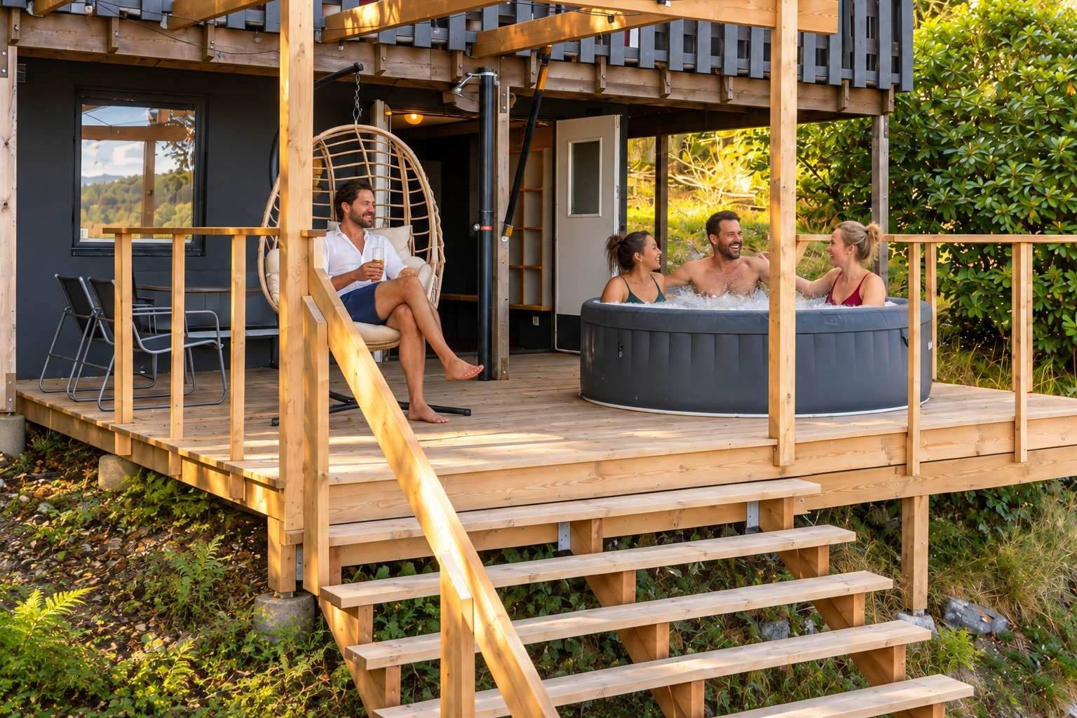 Une terrasse en bois avec un jacuzzi, des sièges d’extérieur et un fauteuil suspendu.